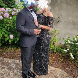 AIDAN MATTOX Evening Gown Dress Black / Silver Sequins & Beading Sz 4 Ret. $475